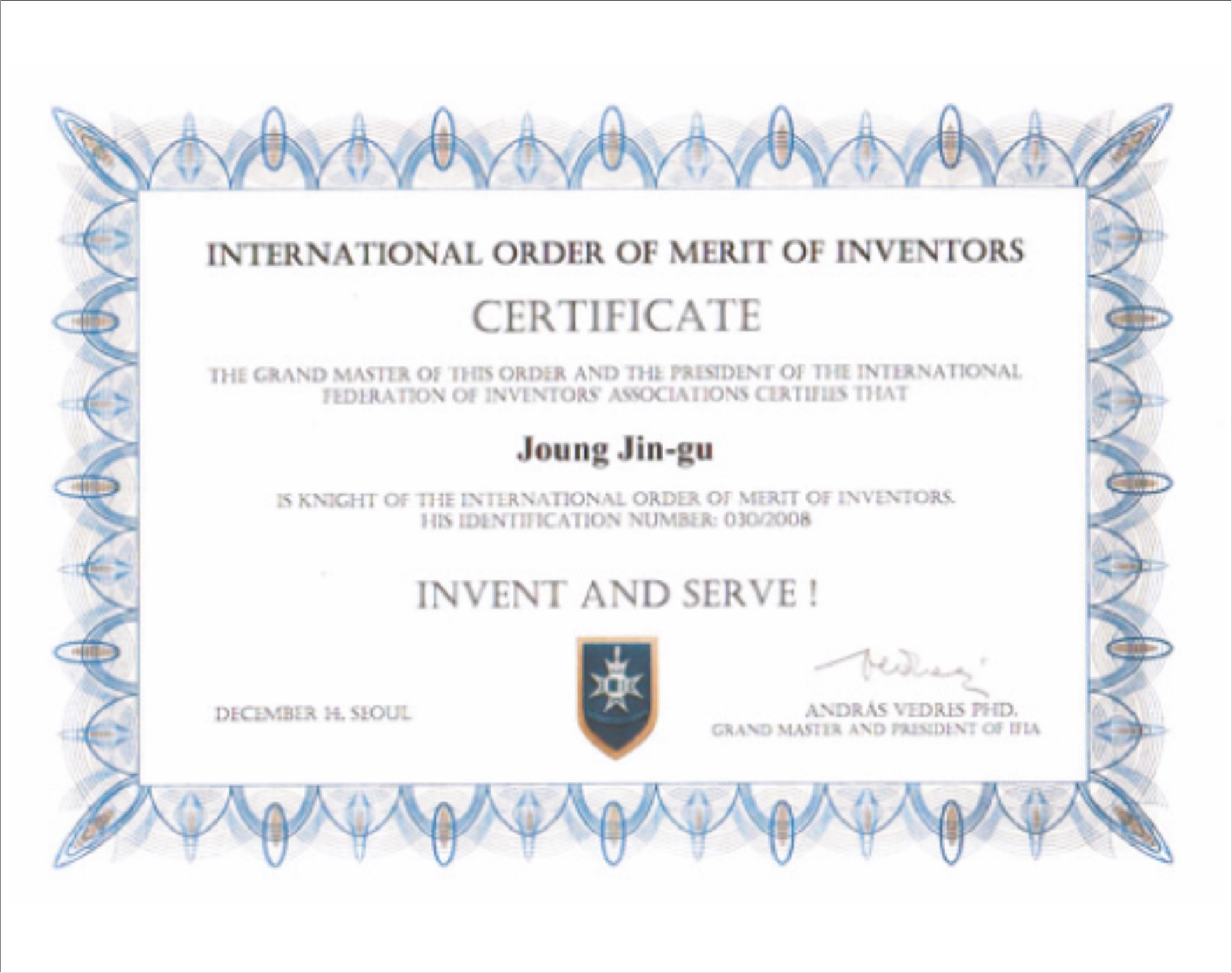 2008 Сертификат IFIA «Международный орден заслуг изобретателей» 